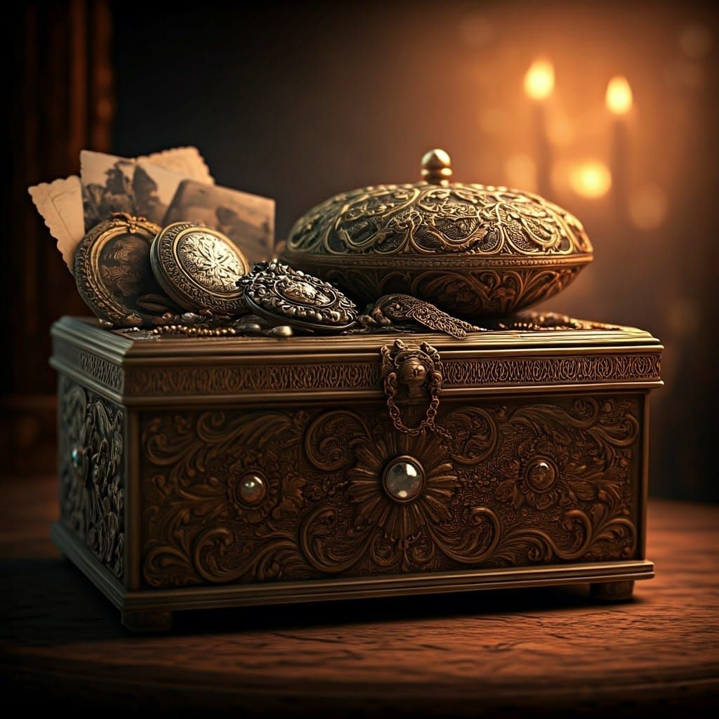Golden Keepsake Box Filled with Sentimental Treasures in a W...