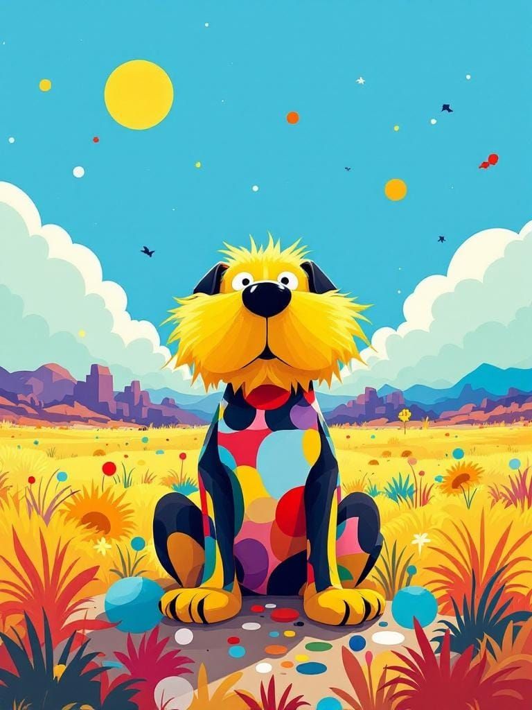 Cartoon Dog in Sunny Field, Animated Style