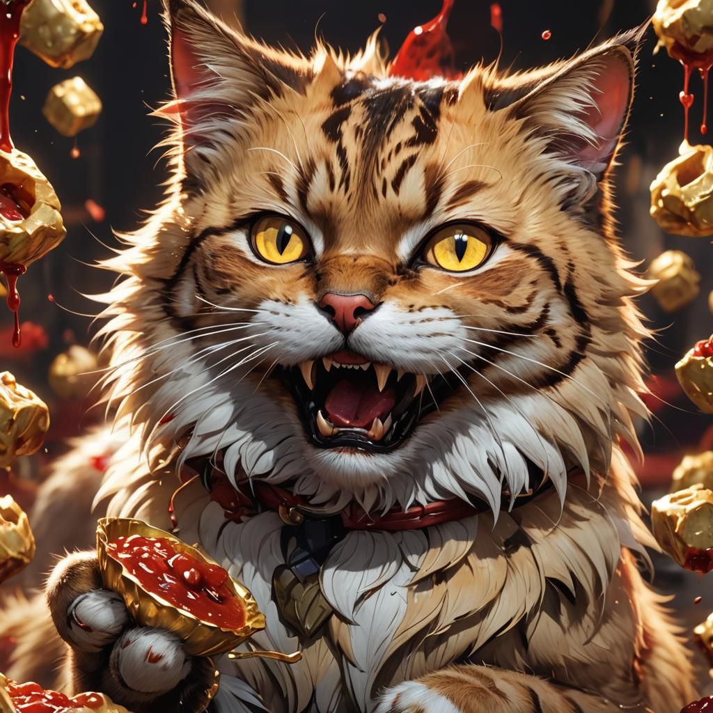 Anime Portrait of a Cat with Food and Blood