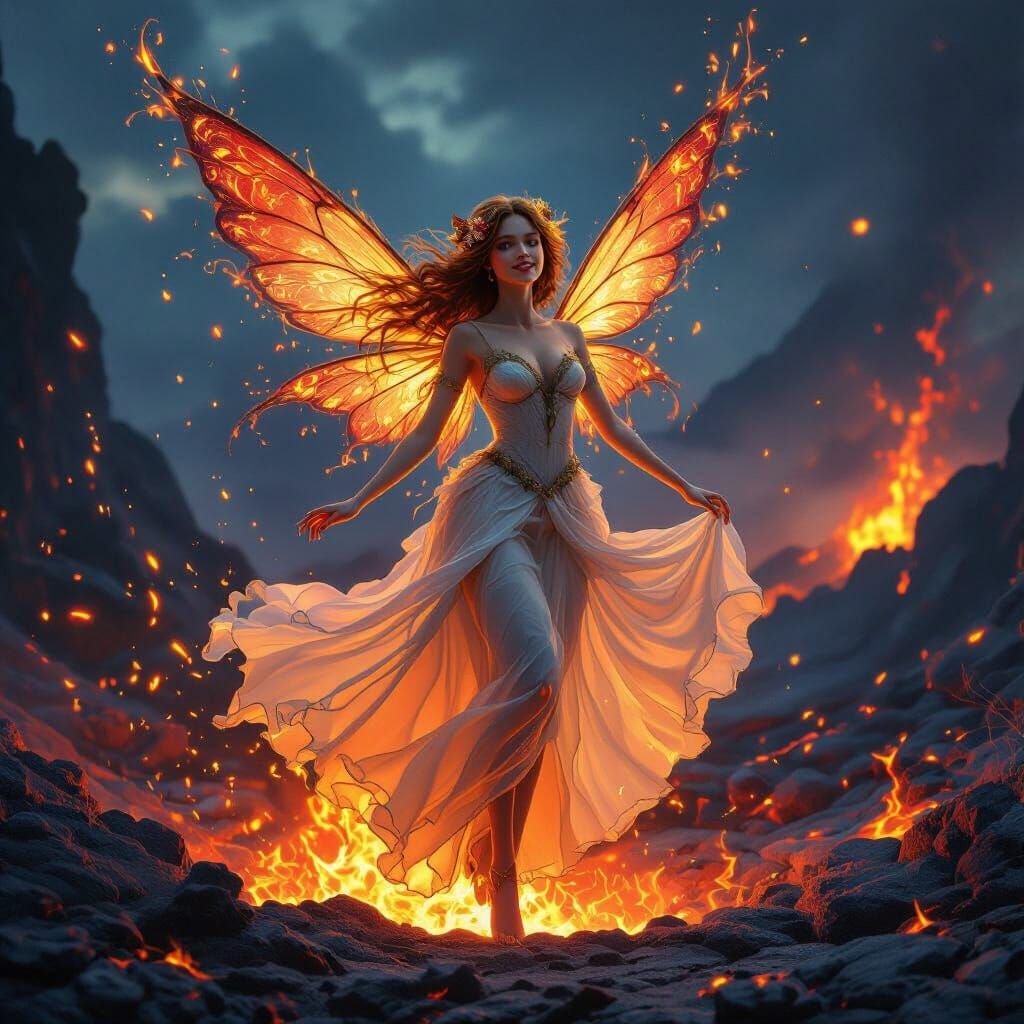 Fire Fairy Dances in Volcano in Hyperrealistic Style