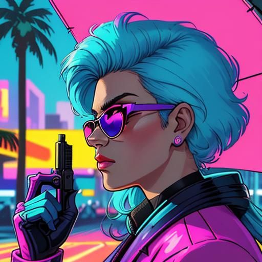 Miami Hitman with Neon Gun as Pixel Art
