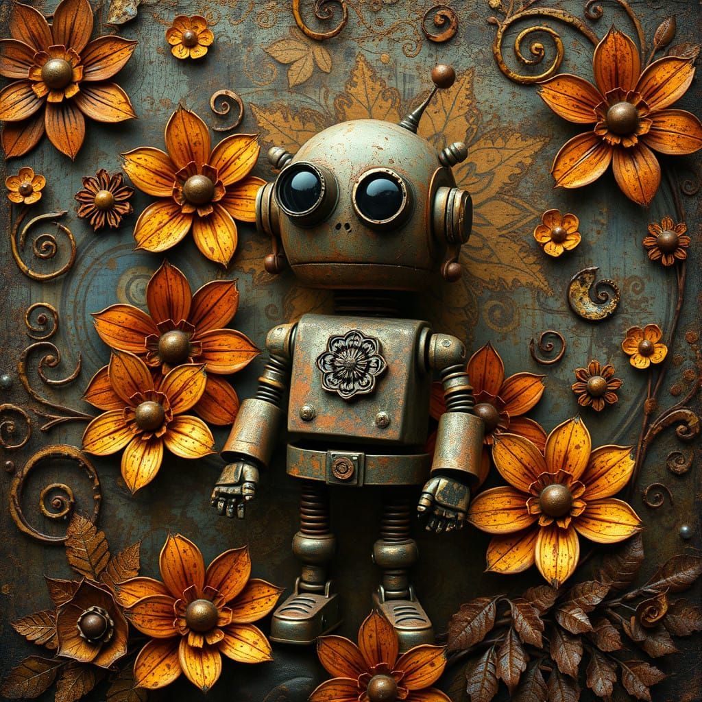 Whimsical Robot Amidst Rusted Metal Florals in Folk-Art Styl...