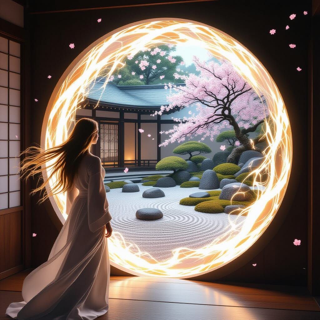 Woman Gazing at Portal to Zen Garden