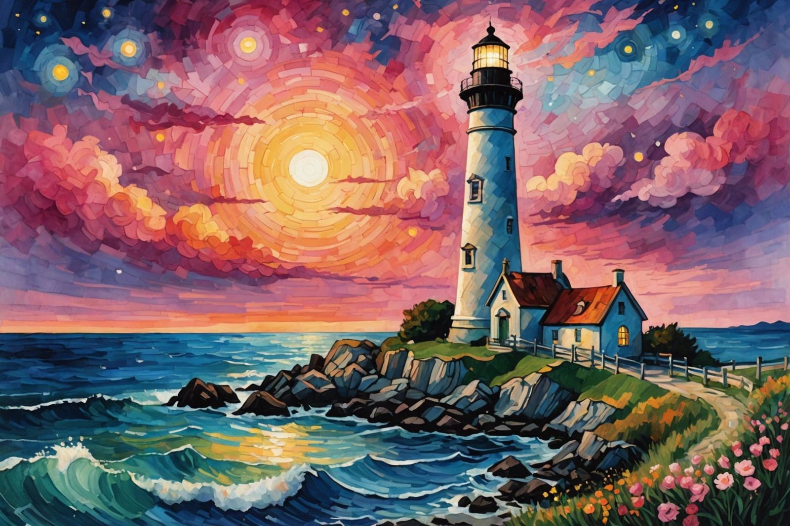 Lighthouse, Sea Pink Flowers, Gothic Starry Night