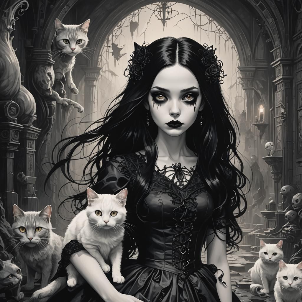Gothic Girl with Cat in Monochrome Style