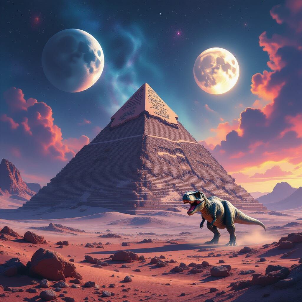 Weathered Pyramid on Alien Planet with T-Rex