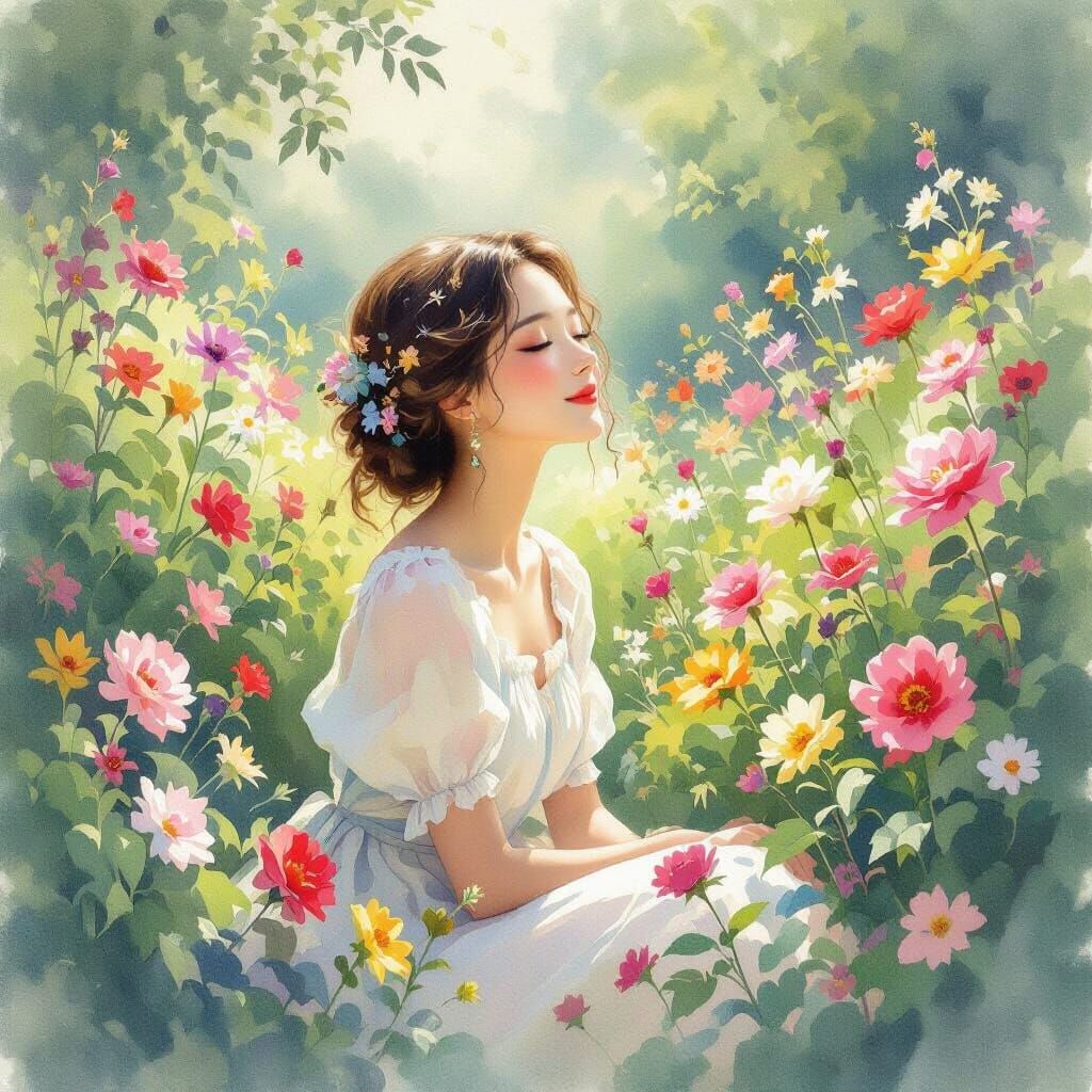 Woman in Garden, Dreamy Watercolor Painting