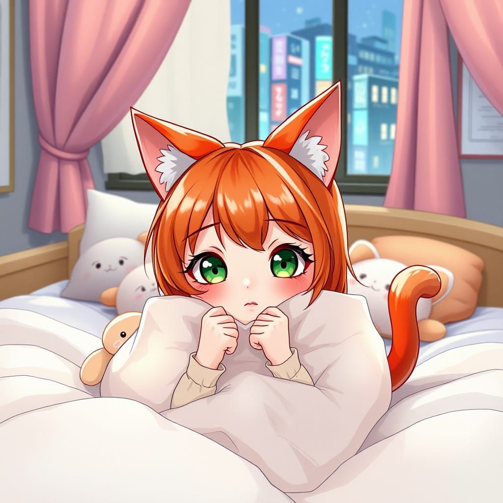 Shy Cat-Eared Girl in Tokyo Bedroom