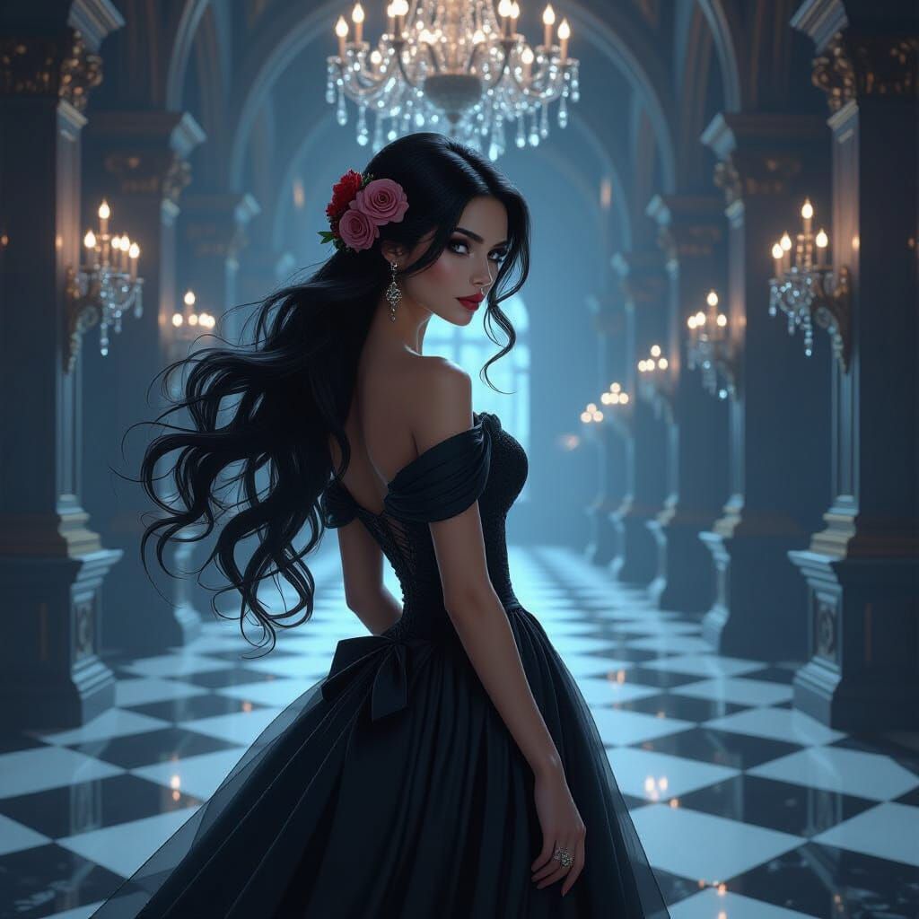 Ethereal Gothic Woman in Shadowed Ballroom