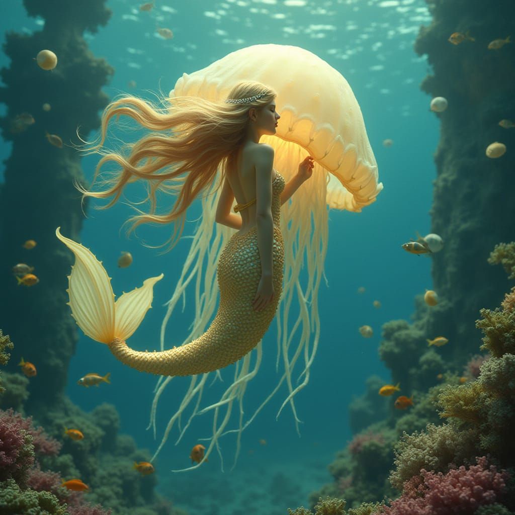 Mermaid Rides Bioluminescent Jellyfish in Art Nouveau Style