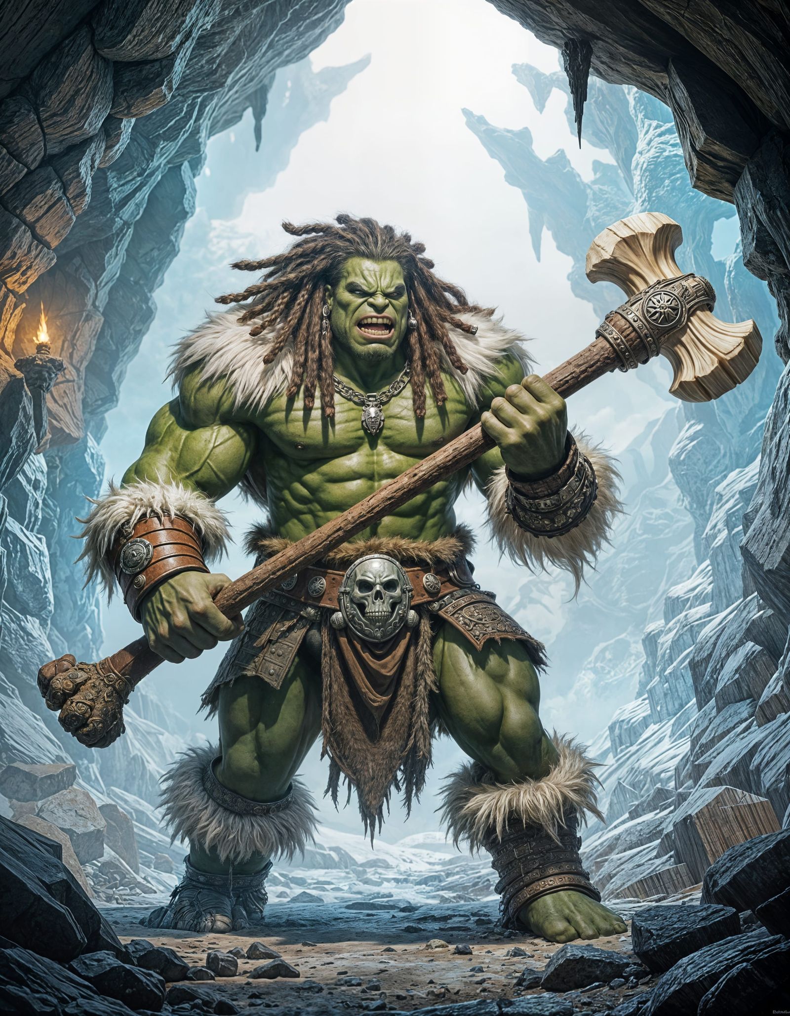 White-Skinned Hulk Ogre in Cave with Club