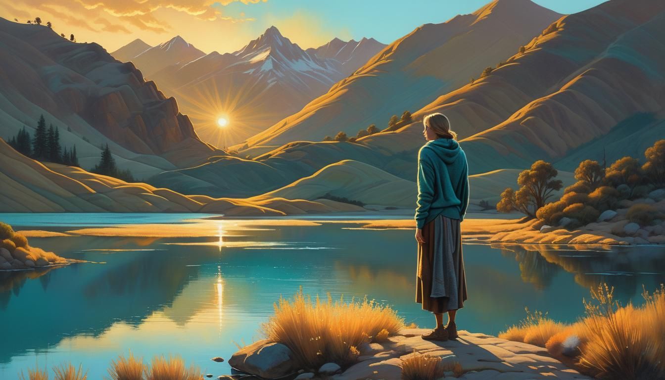 California Sunset Over Serene Lake as Digital Art