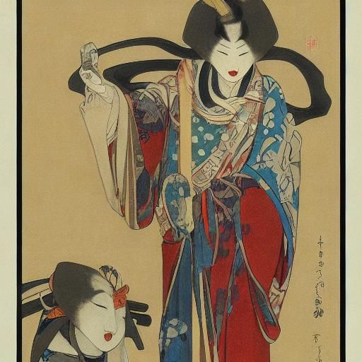 Kabuki Performers by Stream, Art Deco Ukiyo-e Style