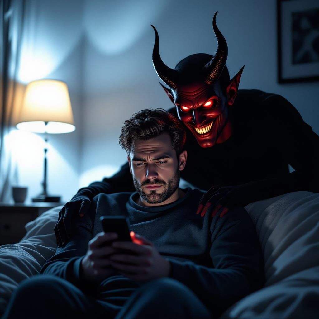 Man Confronts Sinister Devil in Dimly Lit Home