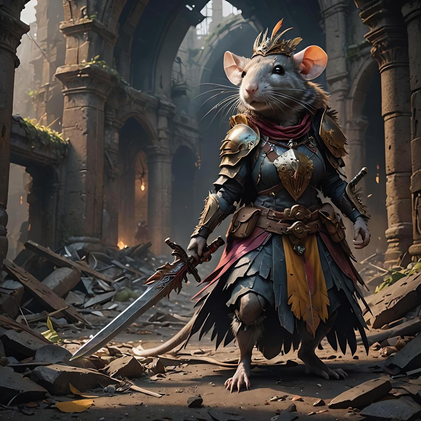 Rat Warrior Exploring Dark Ruins in Detailed Fantasy Art