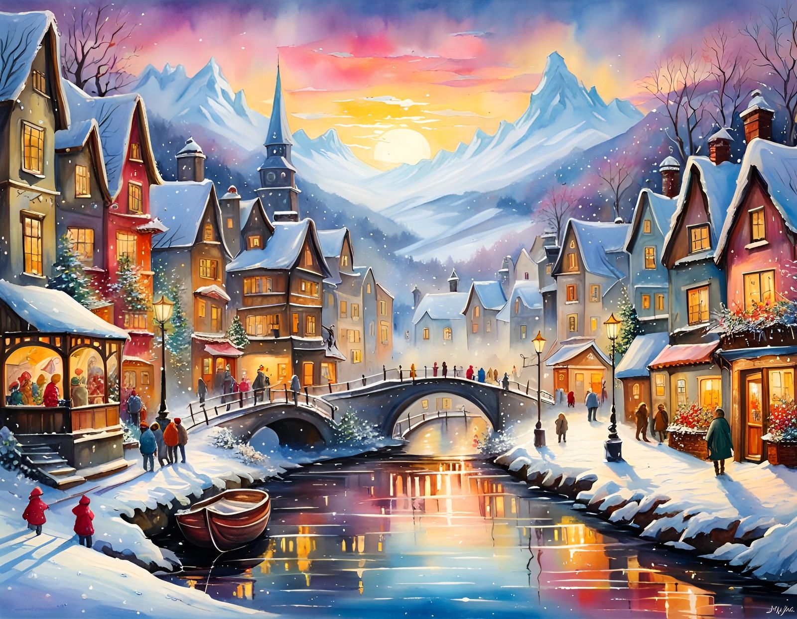 Snowy Winter Christmas Scene in Watercolour Style