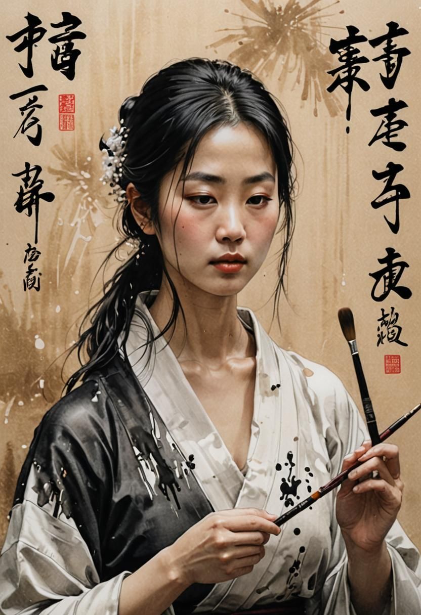 Woman Painting Calligraphy in Realistic Digital Art