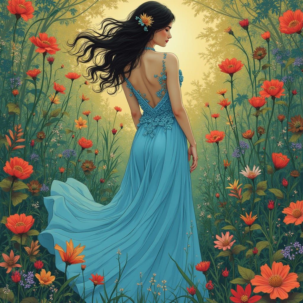 Woman in Blue Dress: Art Nouveau Digital Art