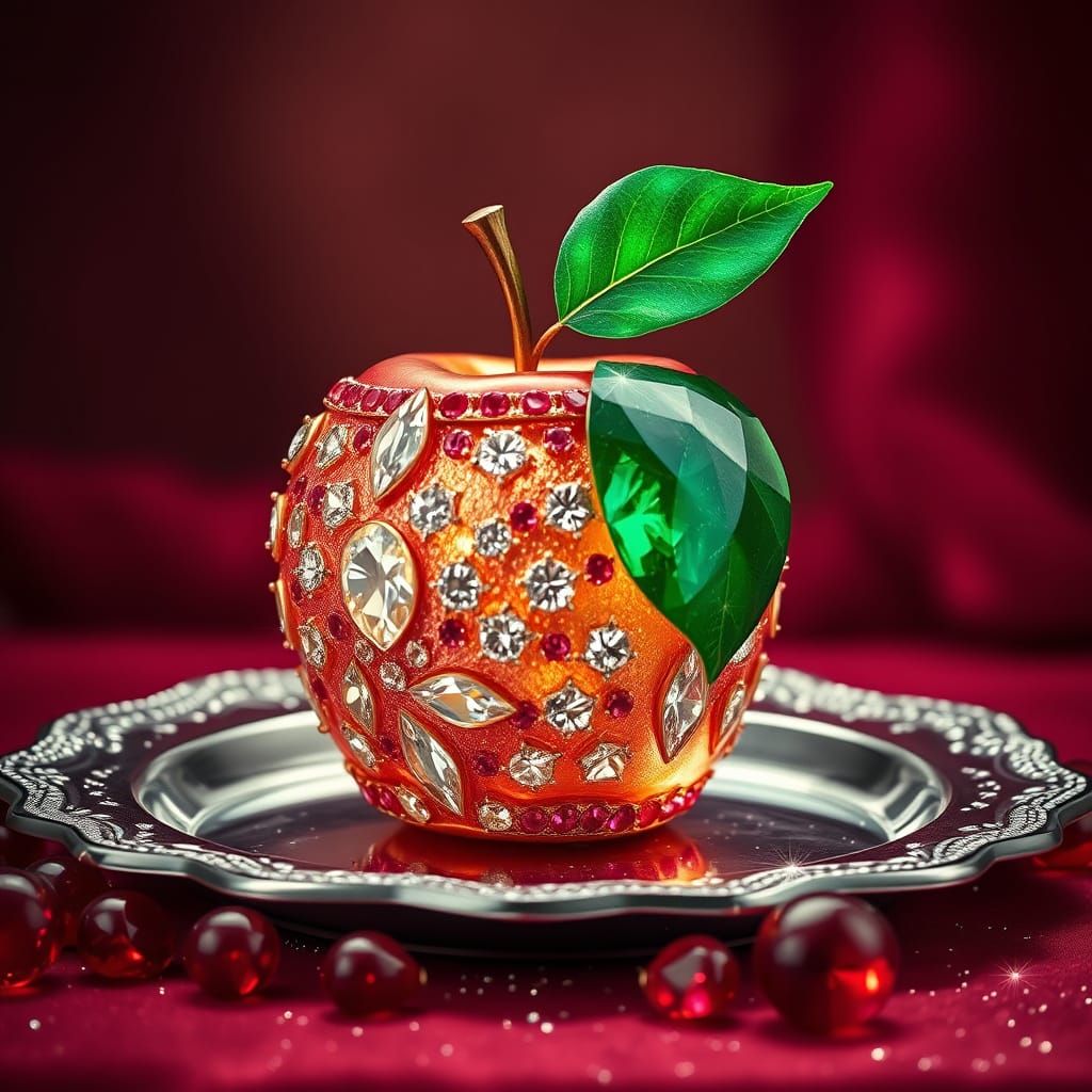 Diamond and Ruby Apple on Silver Platter, Photorealistic Sty...