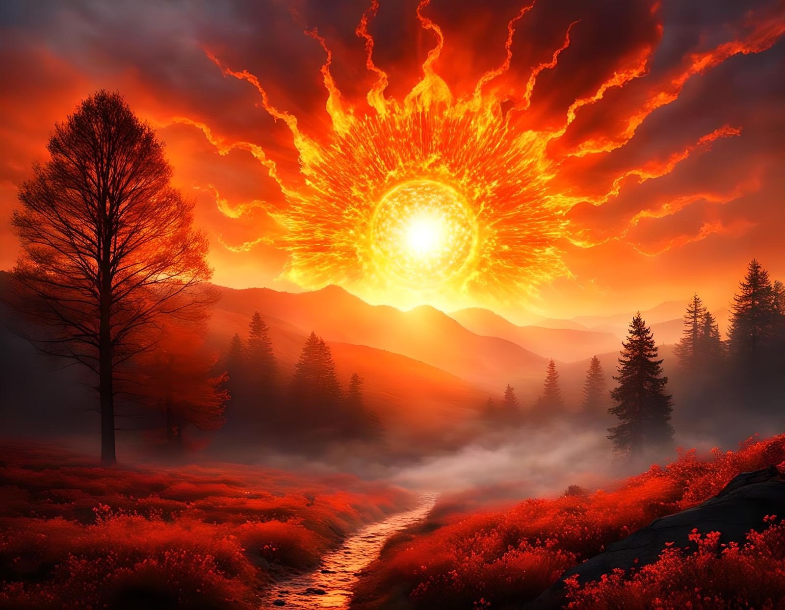 Sun's Fire Rising: A Dreamlike Fantasy Scene