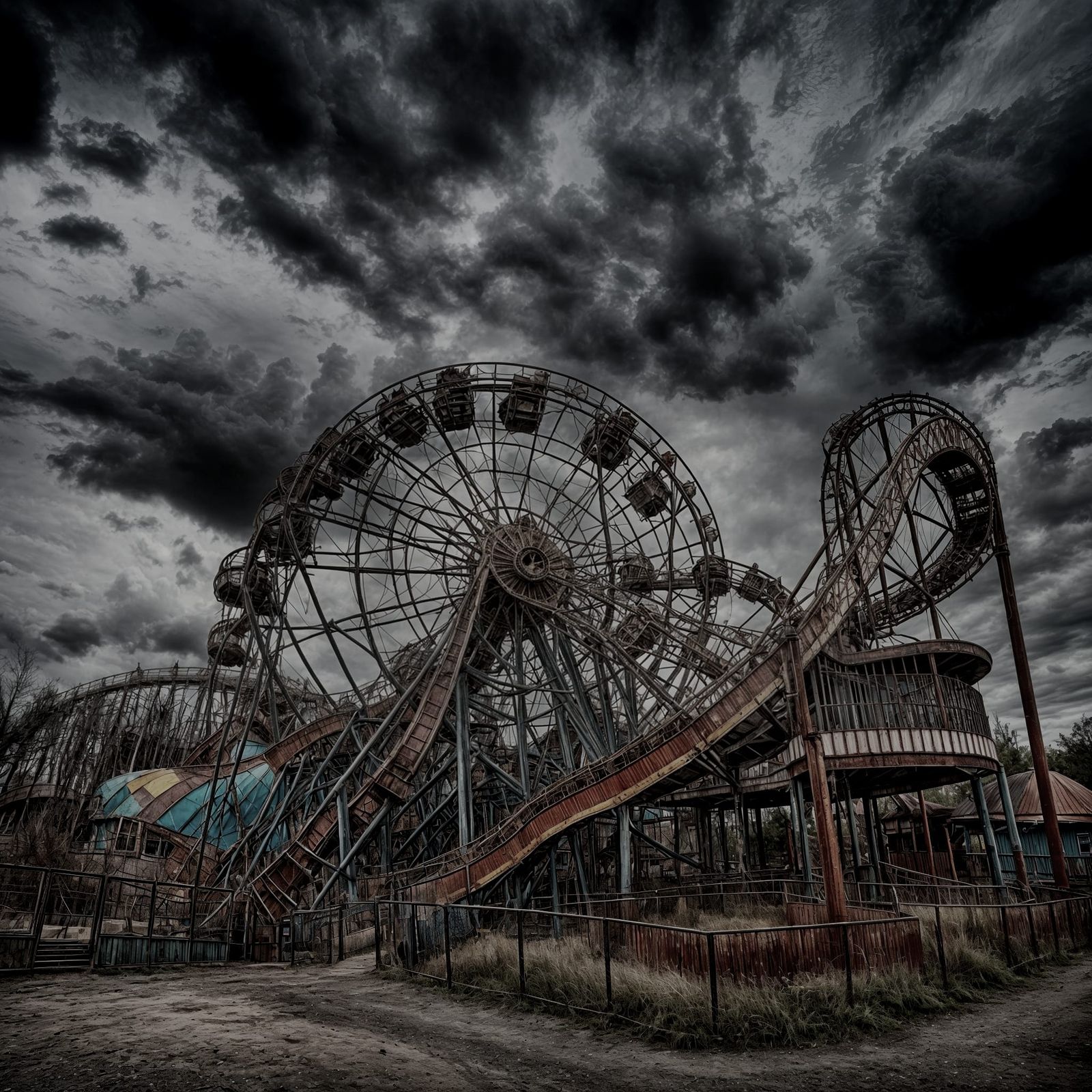 Mortem Fields: Decayed Theme Park Under Stormy Skies