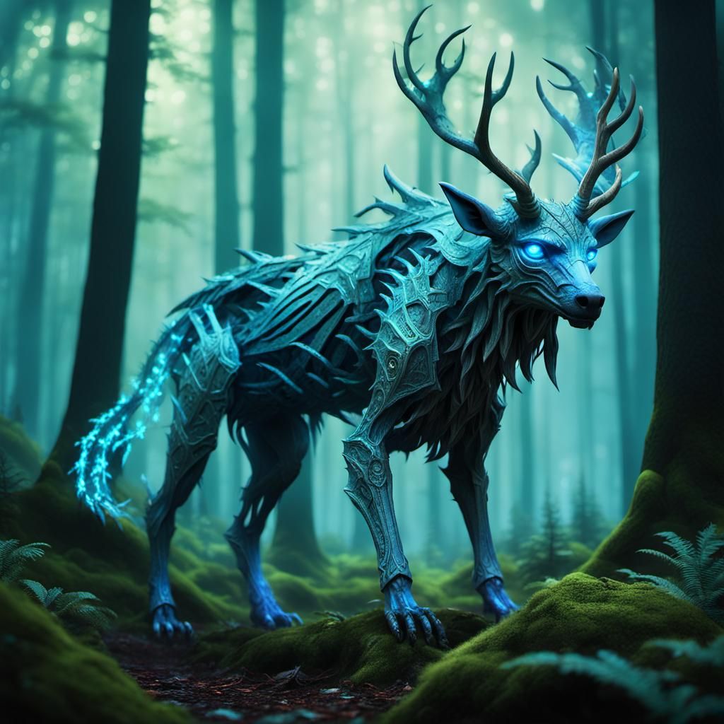 Enchanted Forest Guardian in Bioluminescent Woods