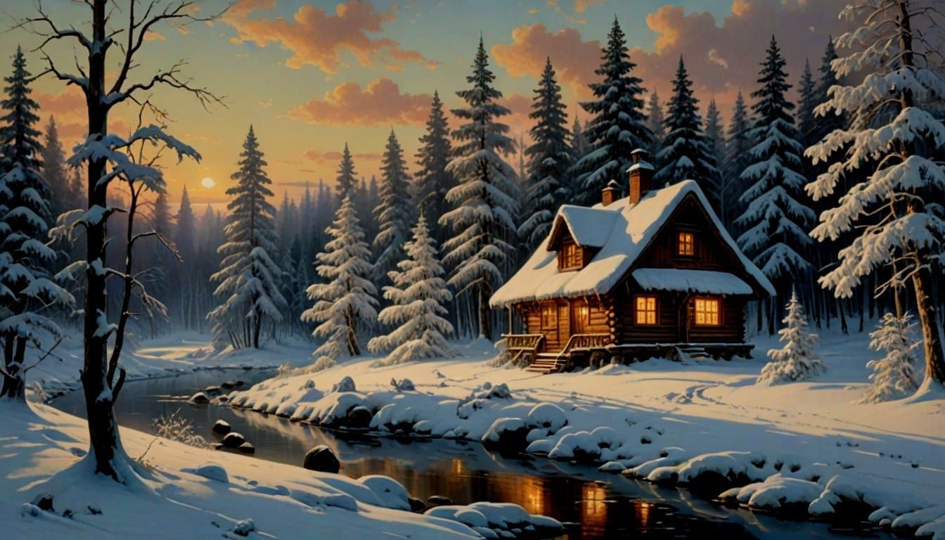 Snowy Winter Scene in a Cozy Hut
