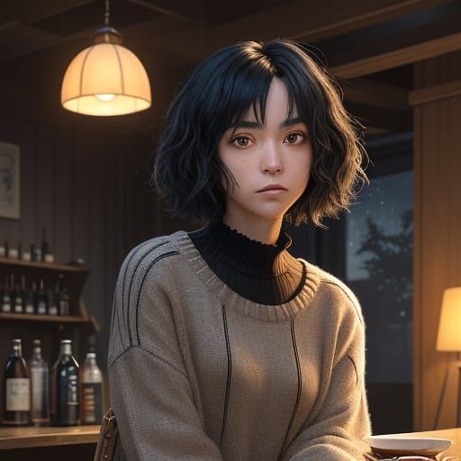 Whimsical Emo Woman in Moody, Dreamy Nighttime Scene