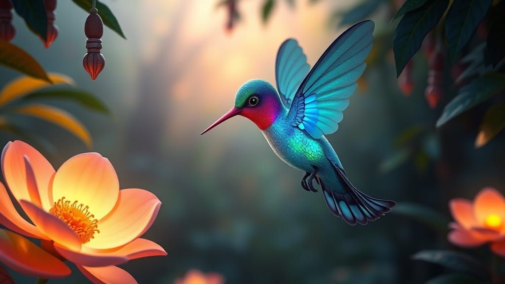Whimsical Bioluminescent Hummingbird in Vibrant Jungle Clear...