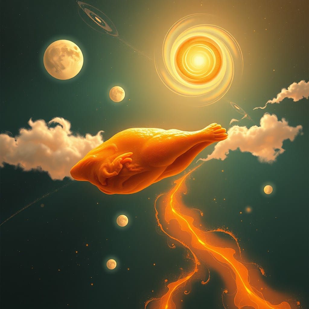 Cosmic River of Orange Chicken in a Dreamy, Celestial Atmosp...