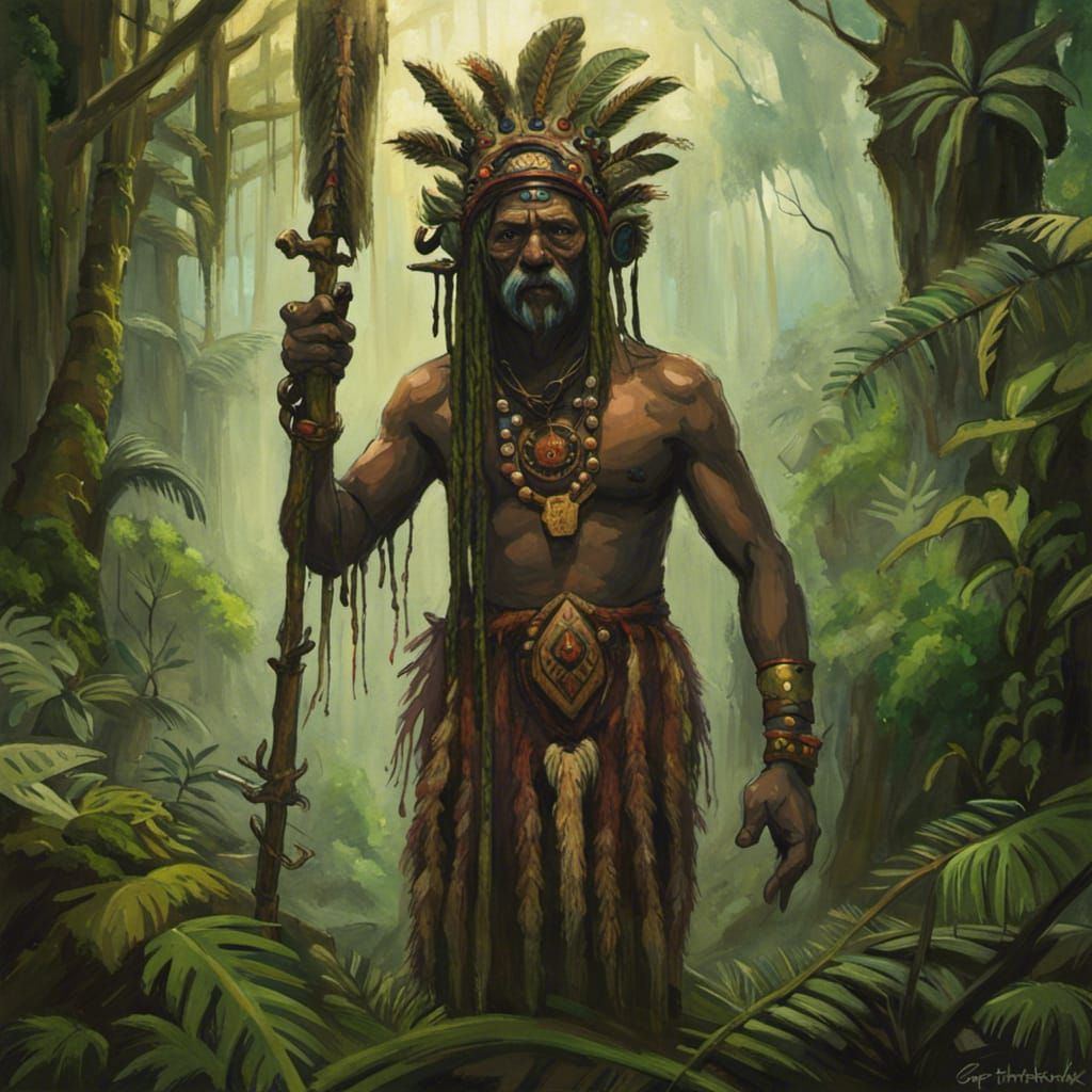 Ancient Shaman in Rainforest, Sinister Painting
