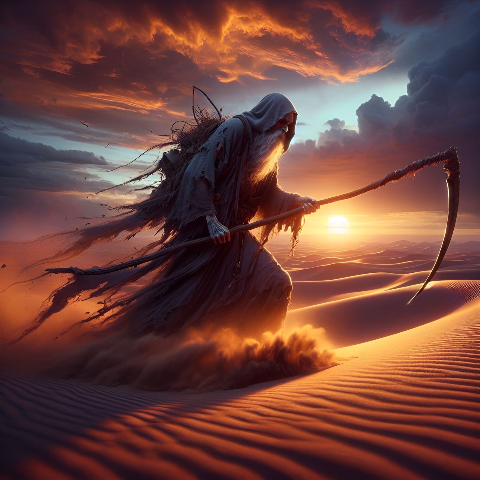 Grey Druid with Scythe in Desert Twilight