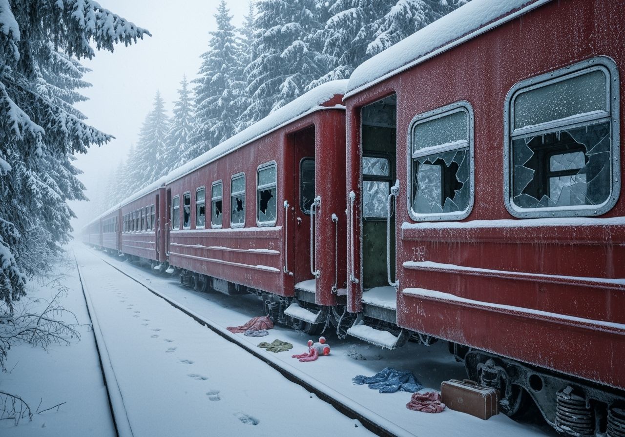 Frozen Train Abandoned in Deep Snow: Post-Apocalyptic Scene