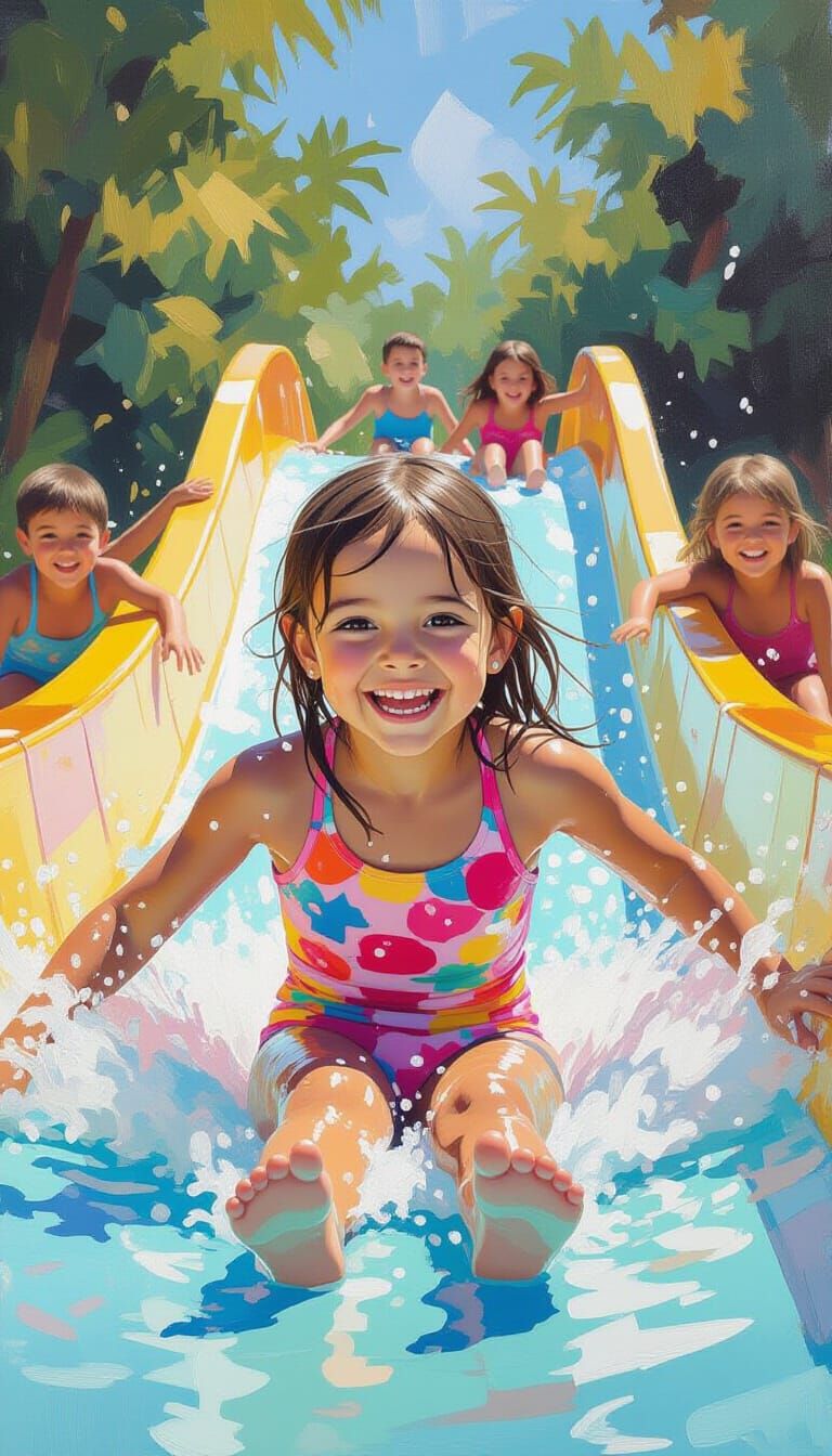 Girl on Water Slide in Impressionistic Oil Painting Style