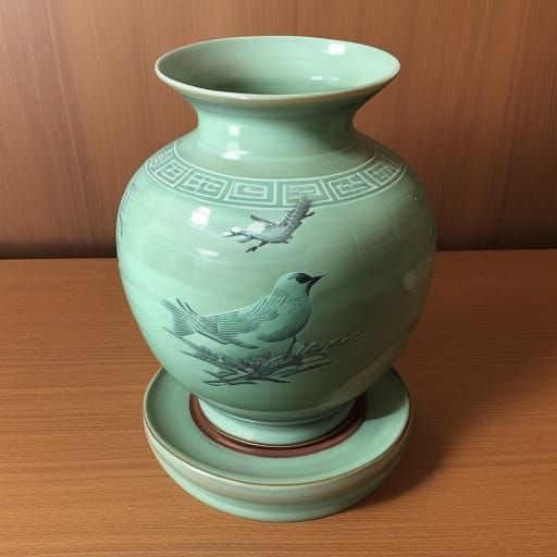 Celadon green Chinese potpourri vase with intricate Chinese designs of birds sitting on an end table.