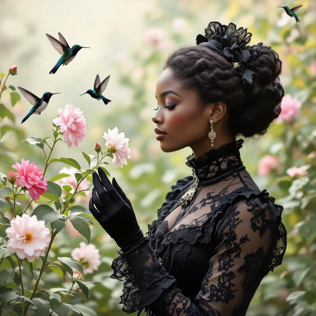 Victorian Woman Smelling Flower in Black and White Photo