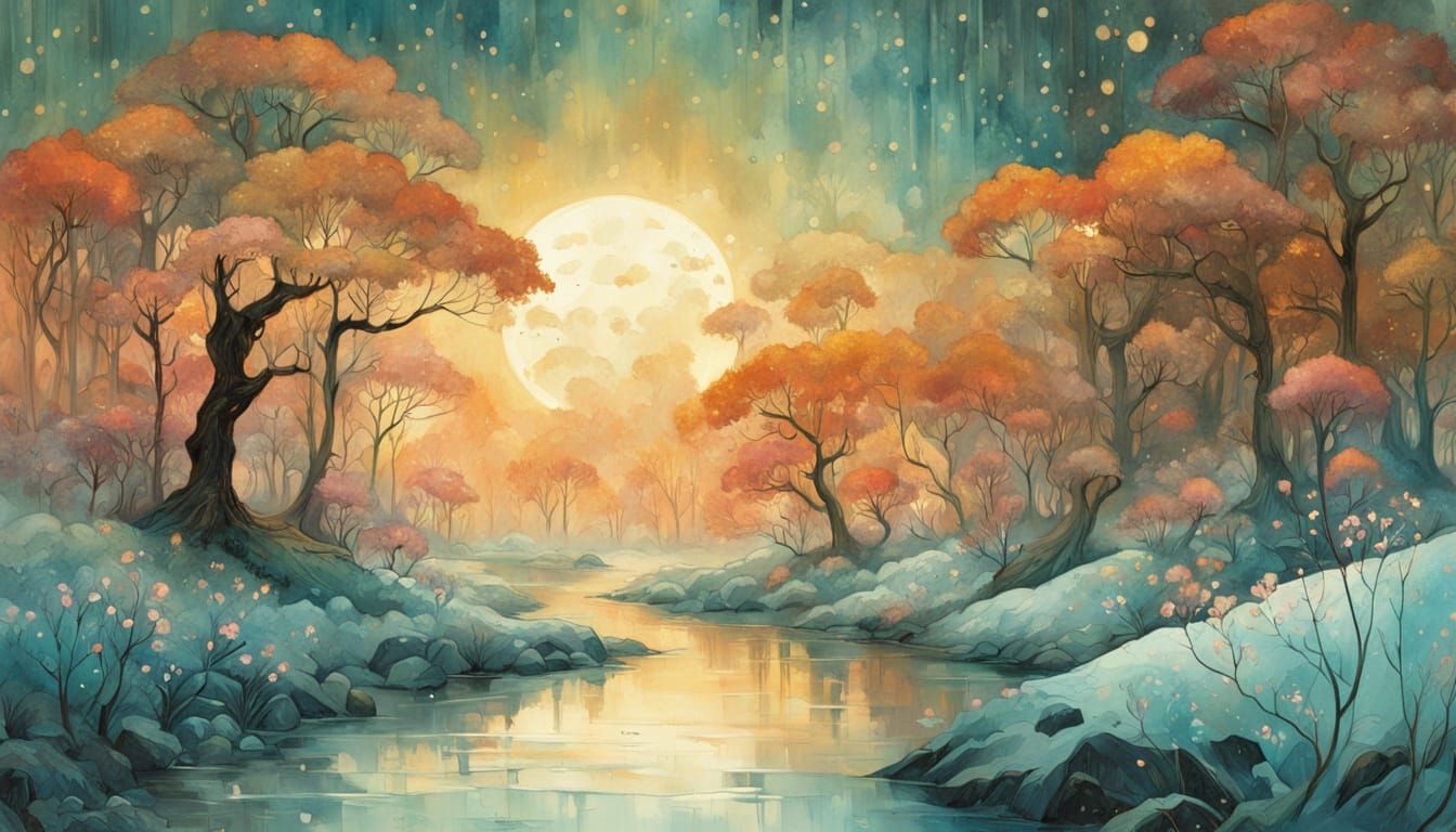 Snowy Winter Sunset with Golden River as Watercolor