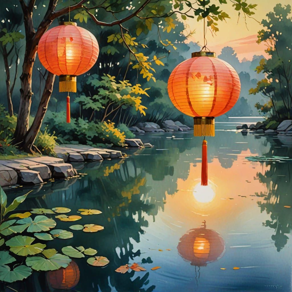 Glowing Chinese Lantern Over Tranquil Evening Lake in Gouach...