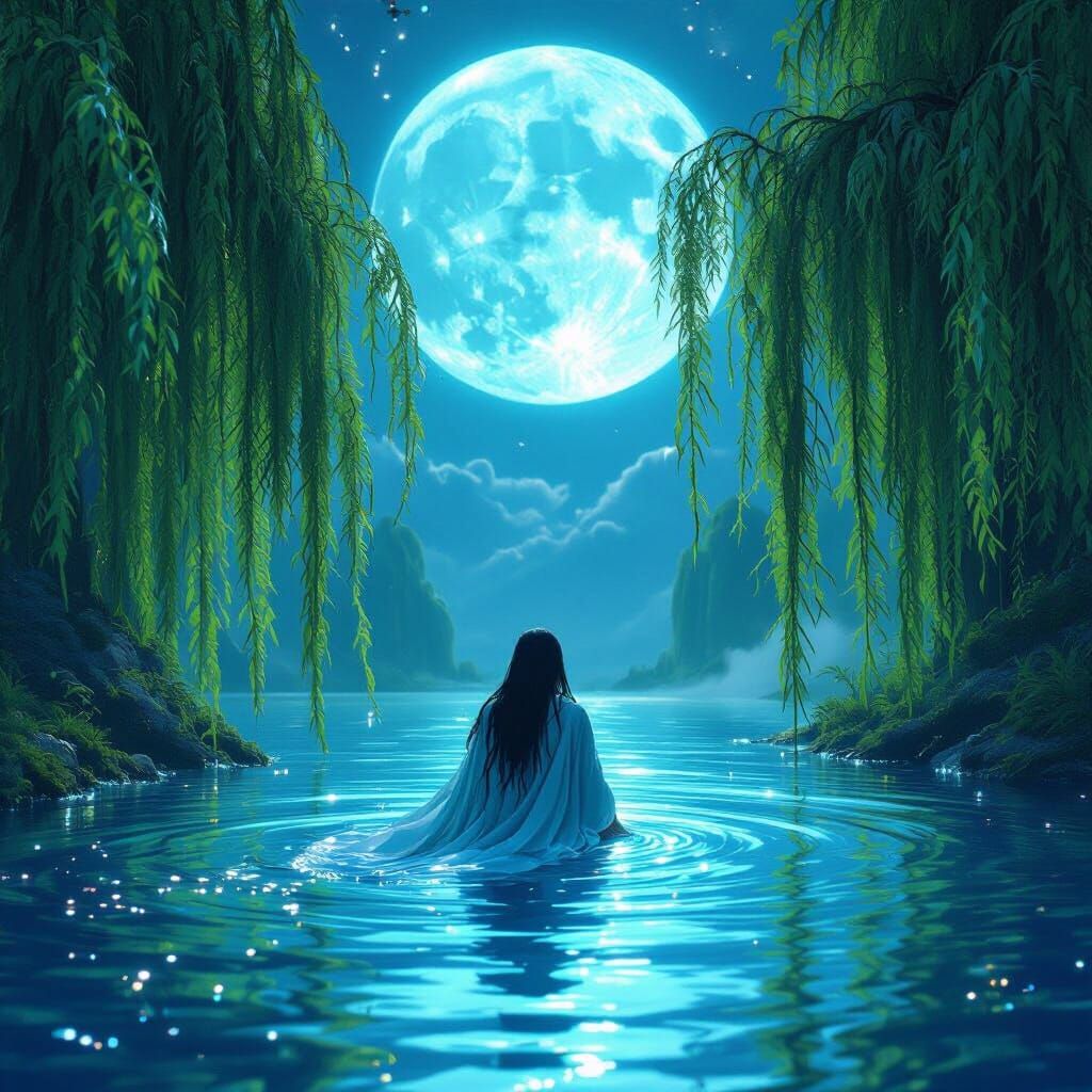 Bog Sprite in Iridescent Pool Under Blue Moon