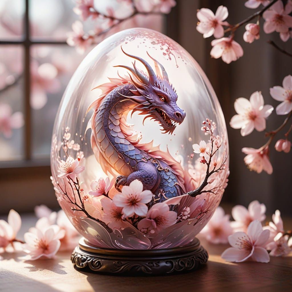 Whimsical Cherry Blossom Dragon Unfolds from Glass Egg