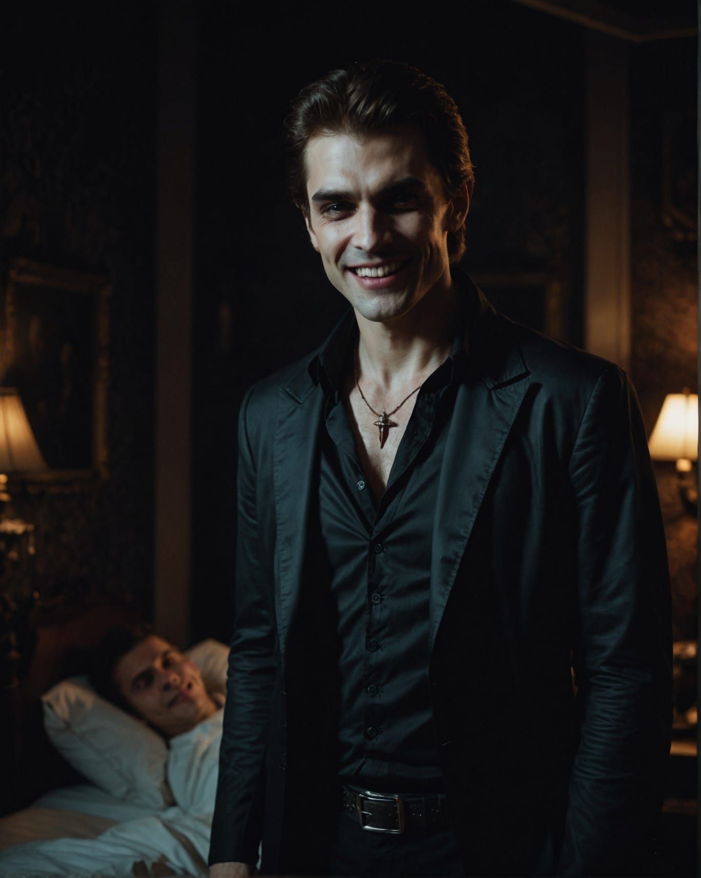 A vampire in a dark bedroom