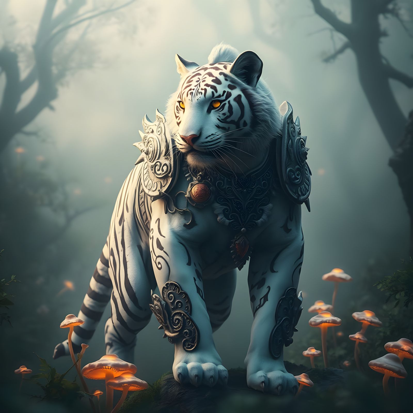 Majestic White Tiger Warrior in Mystical Environment