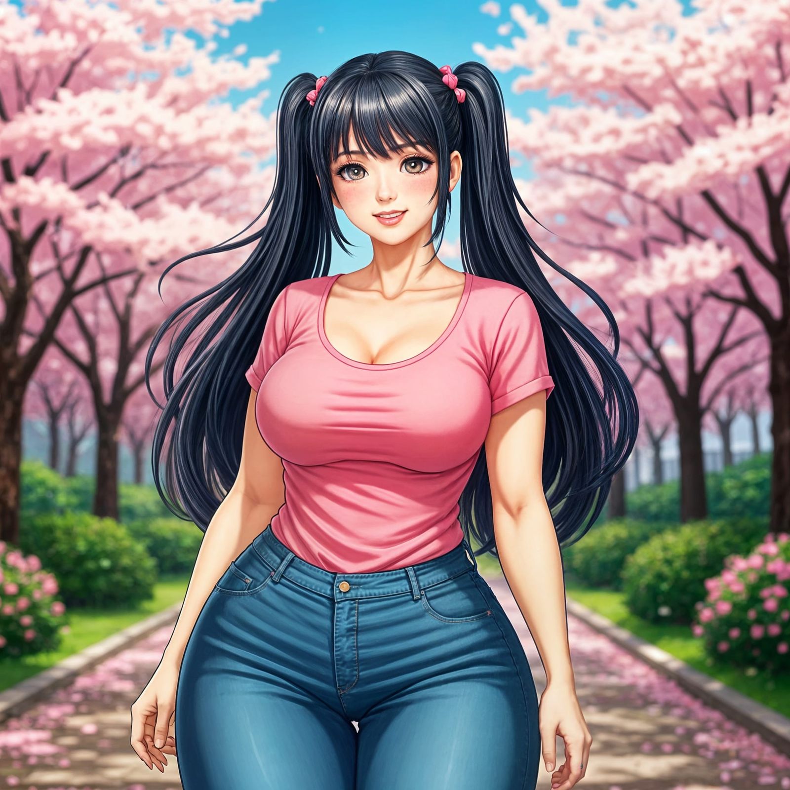 Anime Woman with Cherry Blossoms in Japan