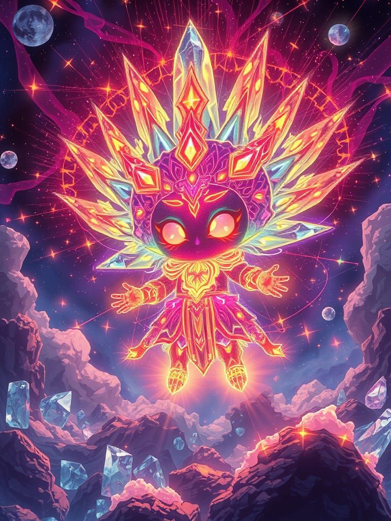 Chibi God Radiating Bioluminescent Energy in Alcohol Ink Sty...