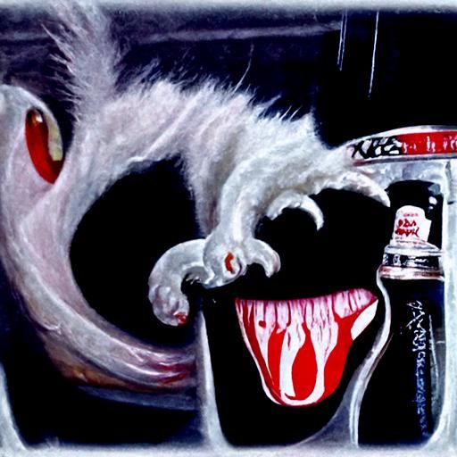 Scary Surreal Cat Licking a Coke Can, Oil Painting