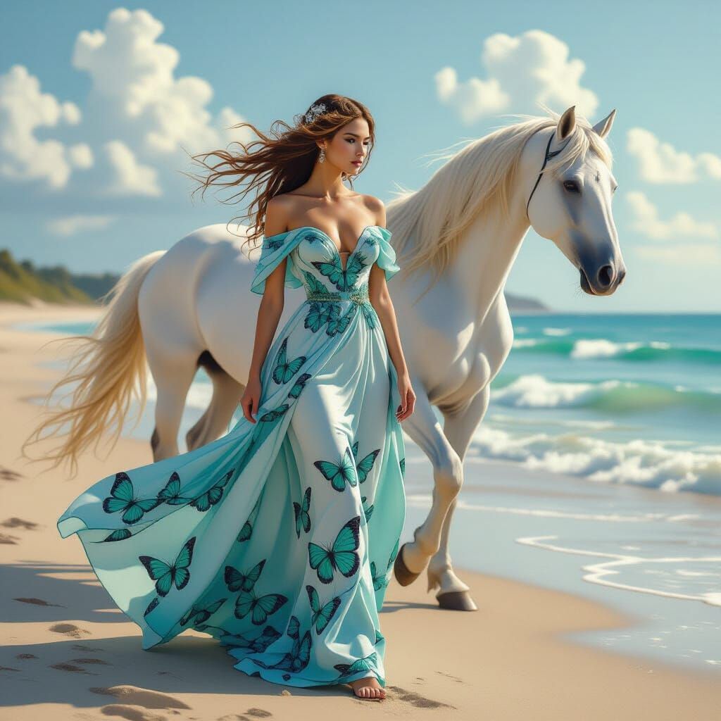 Woman in Butterfly Gown on Shoreline