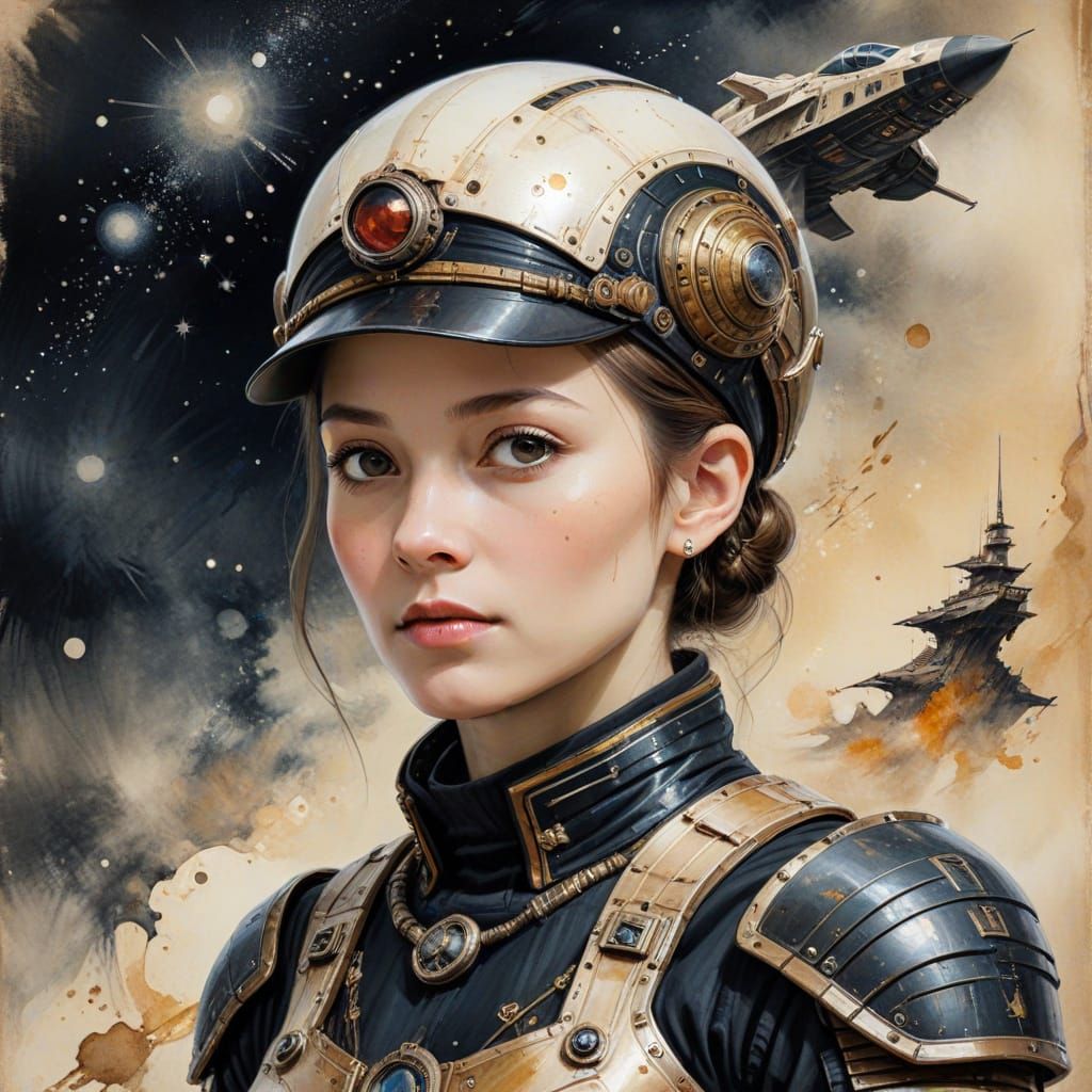 Fierce Spaceship Captain in Neovictorian Ink Painting Style