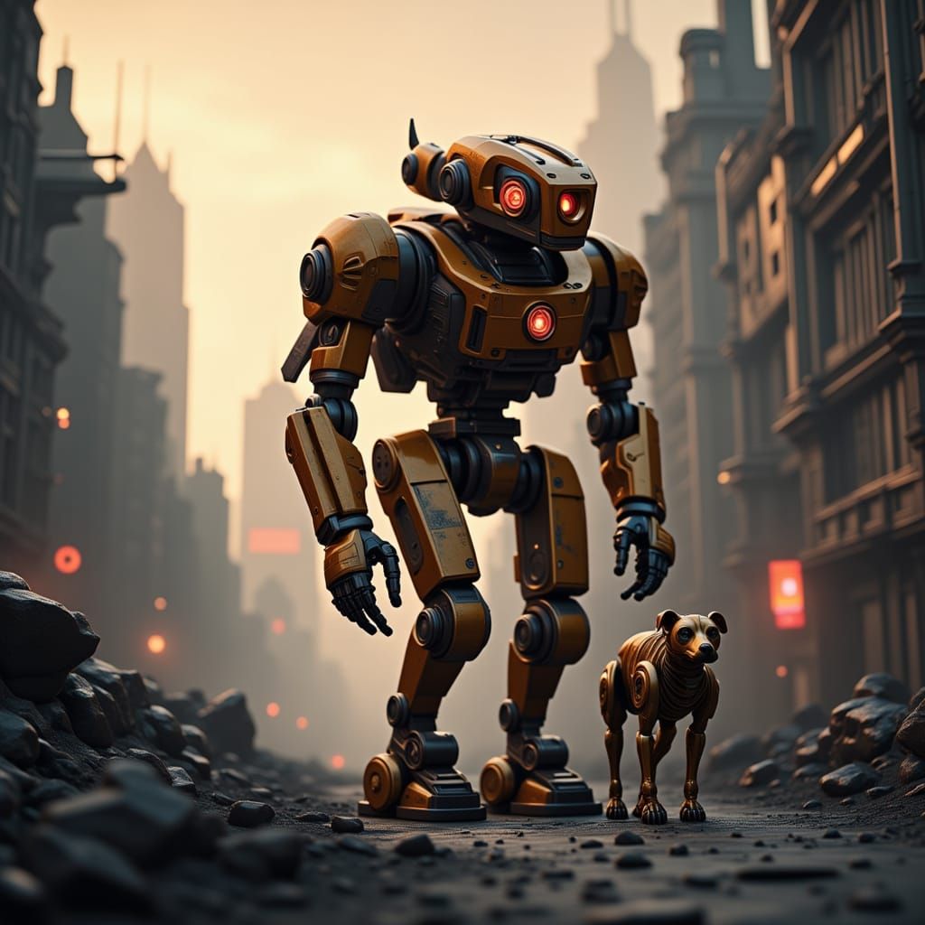 Rusty Robot Walks Robotic Dog in Post-Apocalyptic City