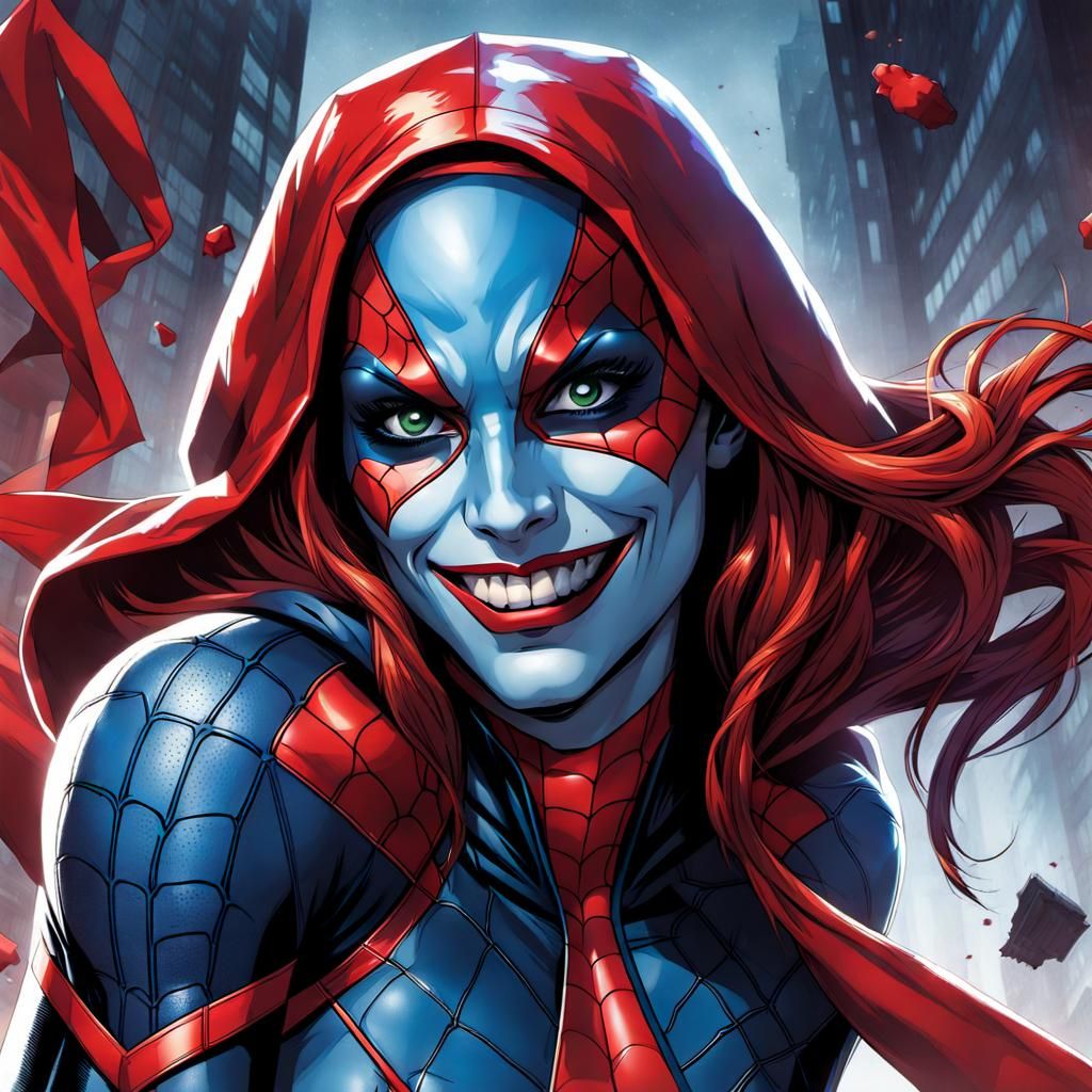 Mixed spiderwoman, no mask ,face like Harley Quinn style, wearing hood, crazy looking at viewer, psycho smiling, hands a...