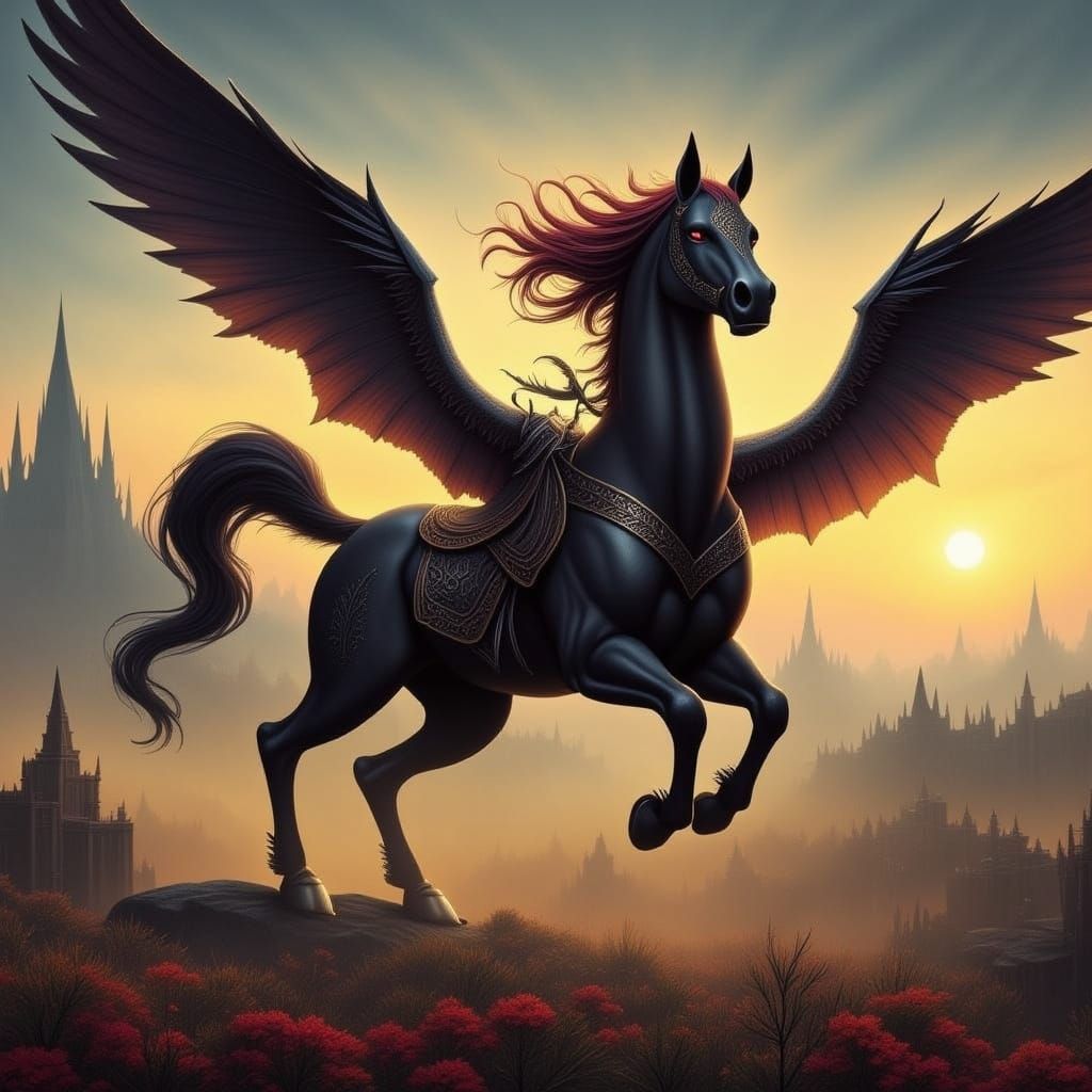 Magical Flying Steed Soars Through Whimsical Fantasy Realm